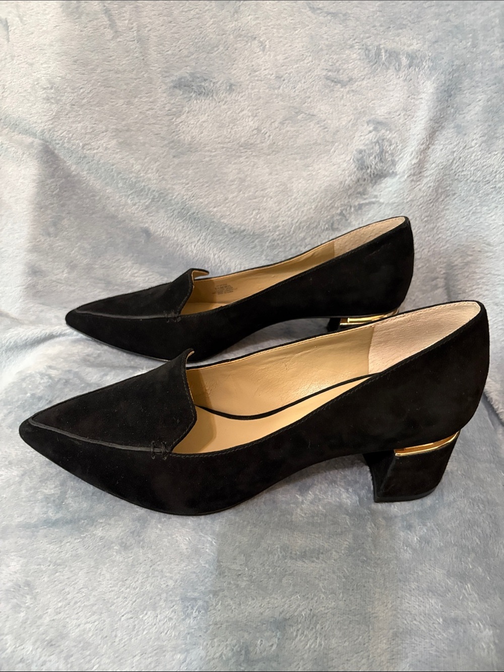 Enzo Angiolini Black Suede Pointed Low Block Heel Pumps with Gold Accent - Picture 4 of 11